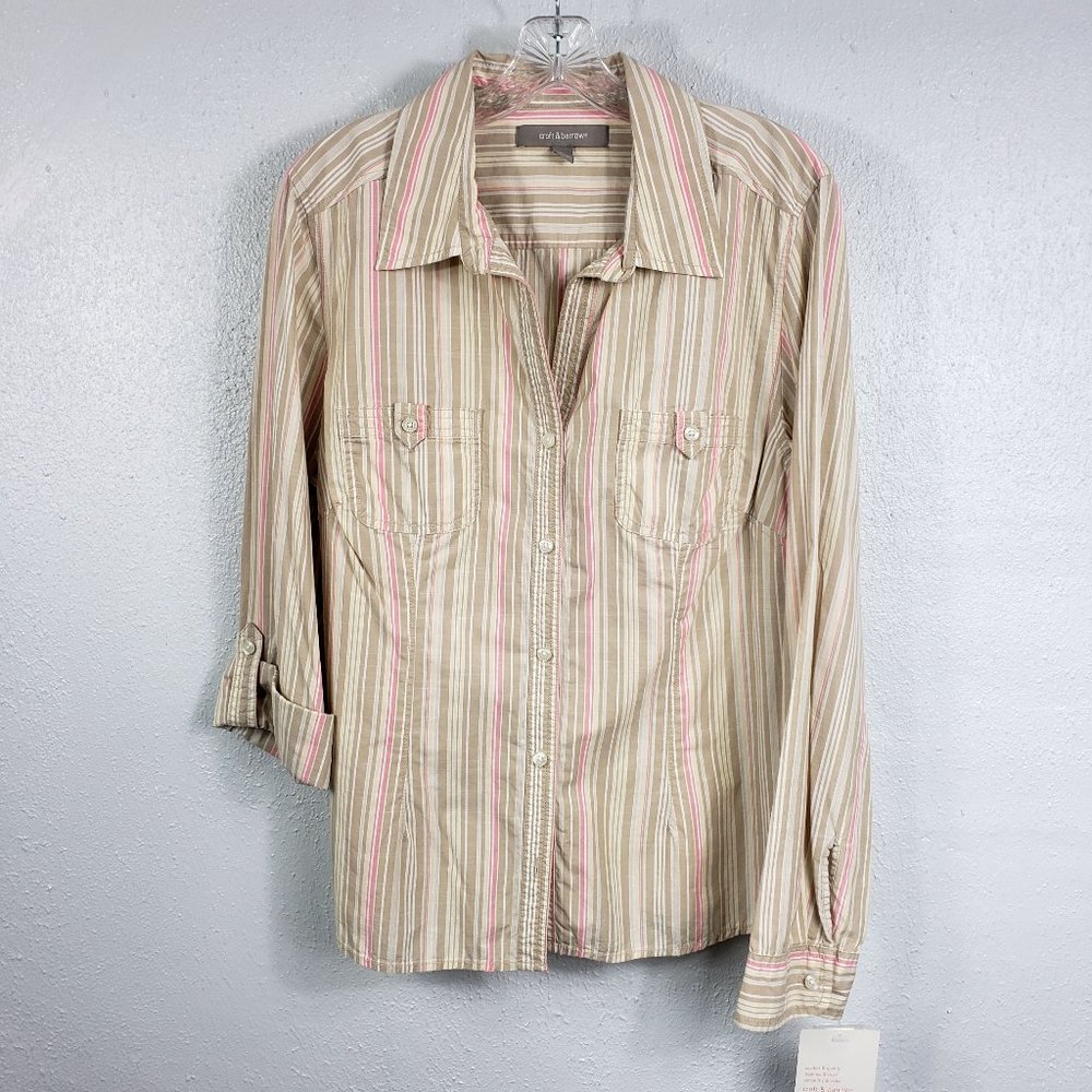 Croft & Barrow Women's Pink & Tan Striped Cotton Button Down Shirt Top Blouse